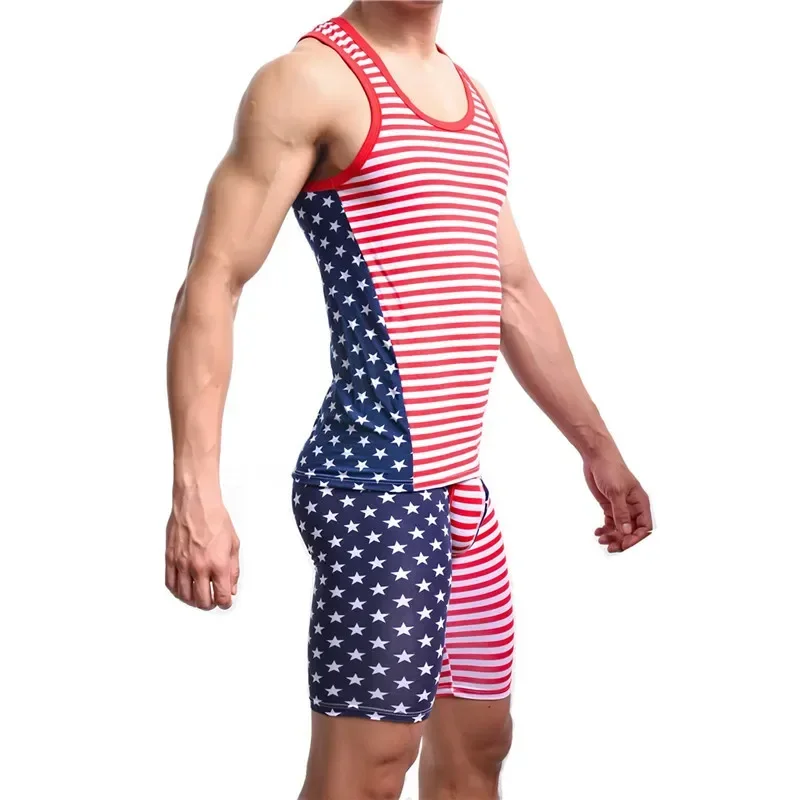 Cotton USA Flat Printed Men Tank Tops+Shorts Pyjama Sets Sexy Undershirts Sleeveless Vest Tight Boxers Sleepwear Suits Beachwear