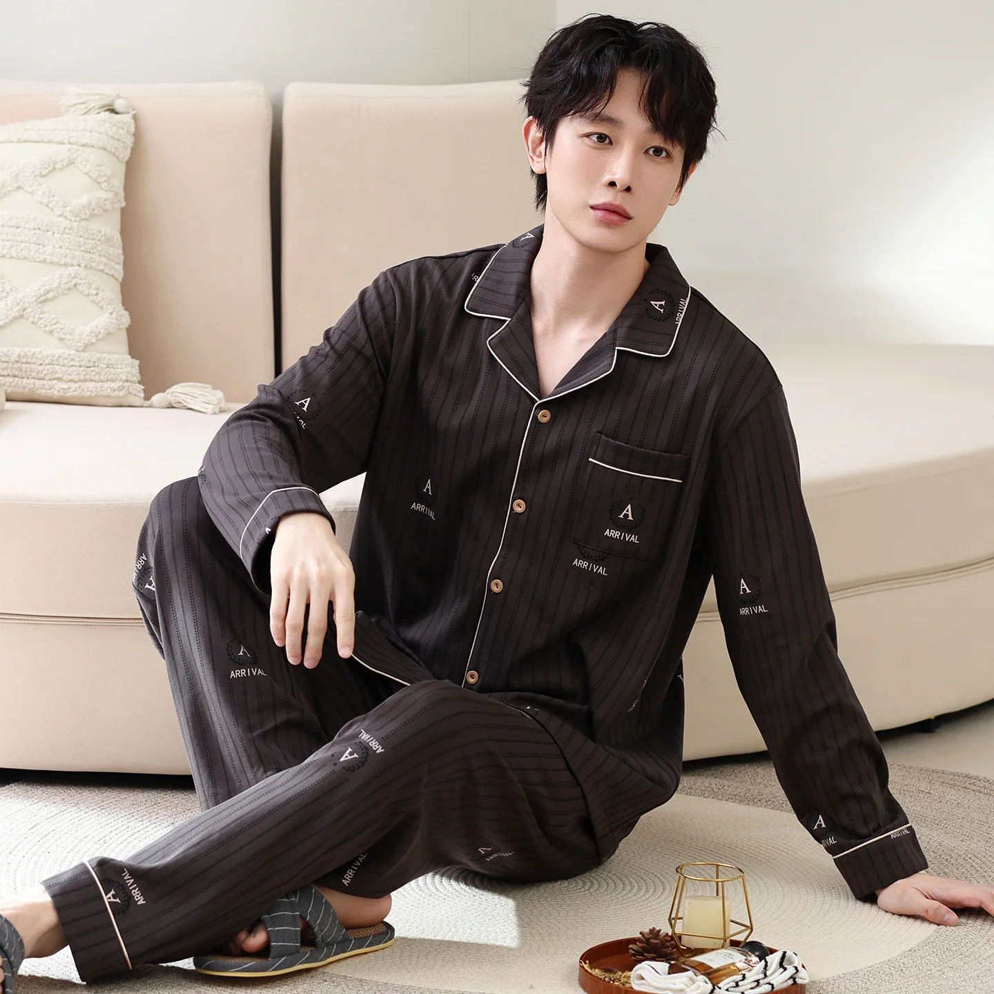 2Pcs/Set Cotton Pajamas Set For Men Autumn and Spring Nightwear Cardigan Sleepwear Big Size L-5XL Pyjamas Homme Dropship