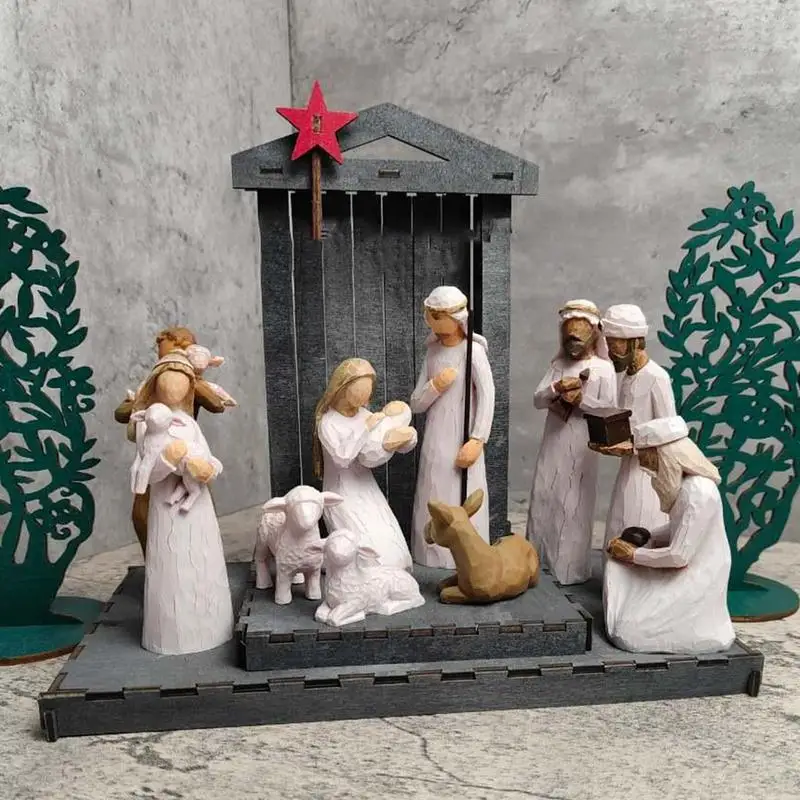 Nativity Figurines Set Jesus Christmas Ornament Scenes Figures Nativity Stable Scene Home Decor for Christmas Easter Supplies