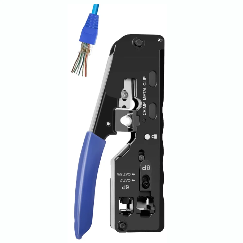 Herramienta de prensado rj45 CAT7 para paso a través de conector RJ11 RJ 45 enchufes modulares CAT6 CAT5E con cortador pelador de cables