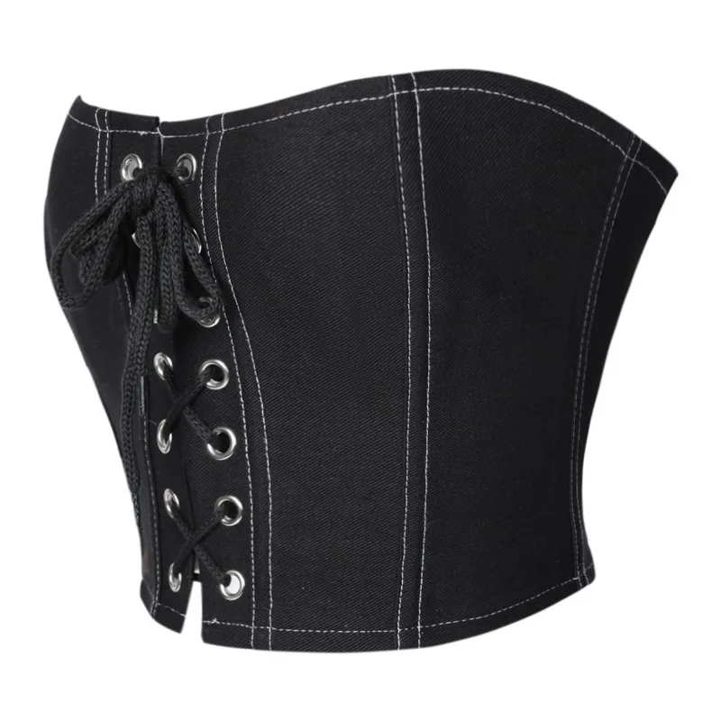 Fashion Women Corset Top Black Bustier Top Front Lace Up Crop Top White Stitching Waist Trainer Slimming Bodice Clubwear