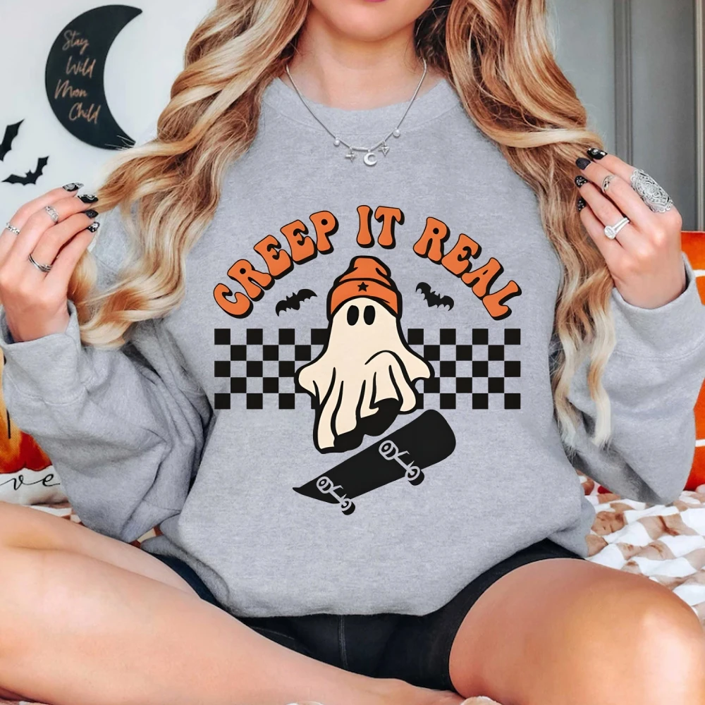 Retro Halloween Creep It Real sudaderas fantasma Skateboarding gráfico suéter Halloween Top ropa temporada espeluznante Otoño Invierno