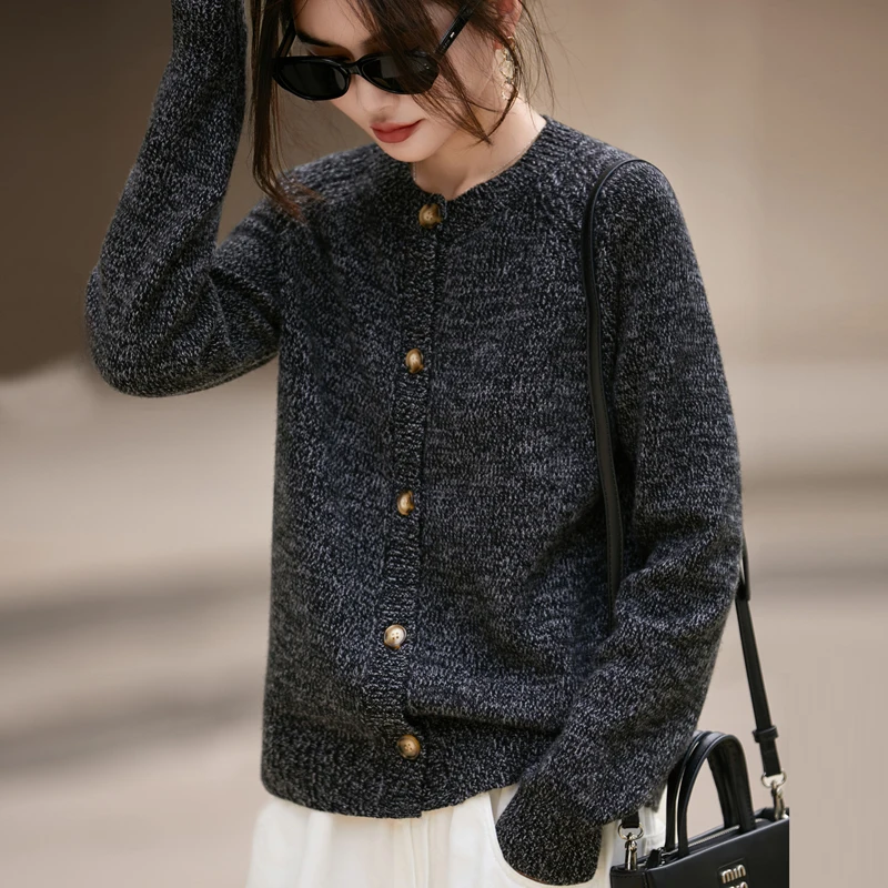 Long V-neck 100 Pure Wool Cardigan Women Dotted Jacquard Color Matching Sweater Coat Loose Cashmere Knit Top