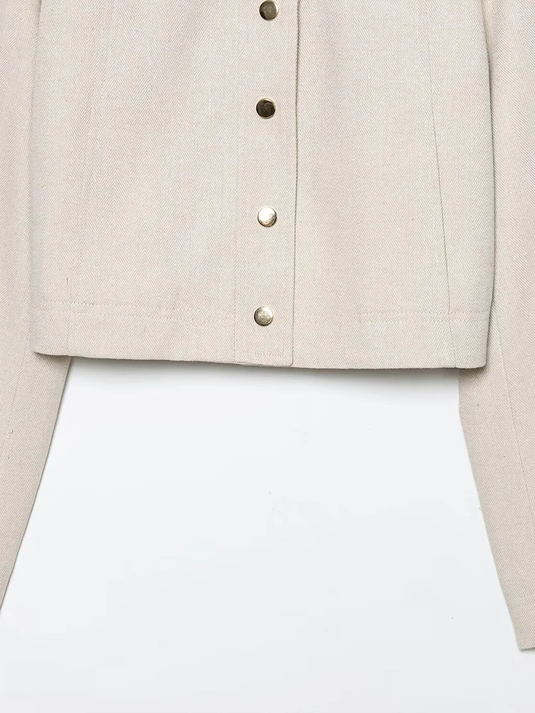 Jaket jahitan lengan panjang bergaya Eropa dengan kerah lapel, cocok untuk segala suasana, dan celana panjang jahitan lurus untuk wanita.