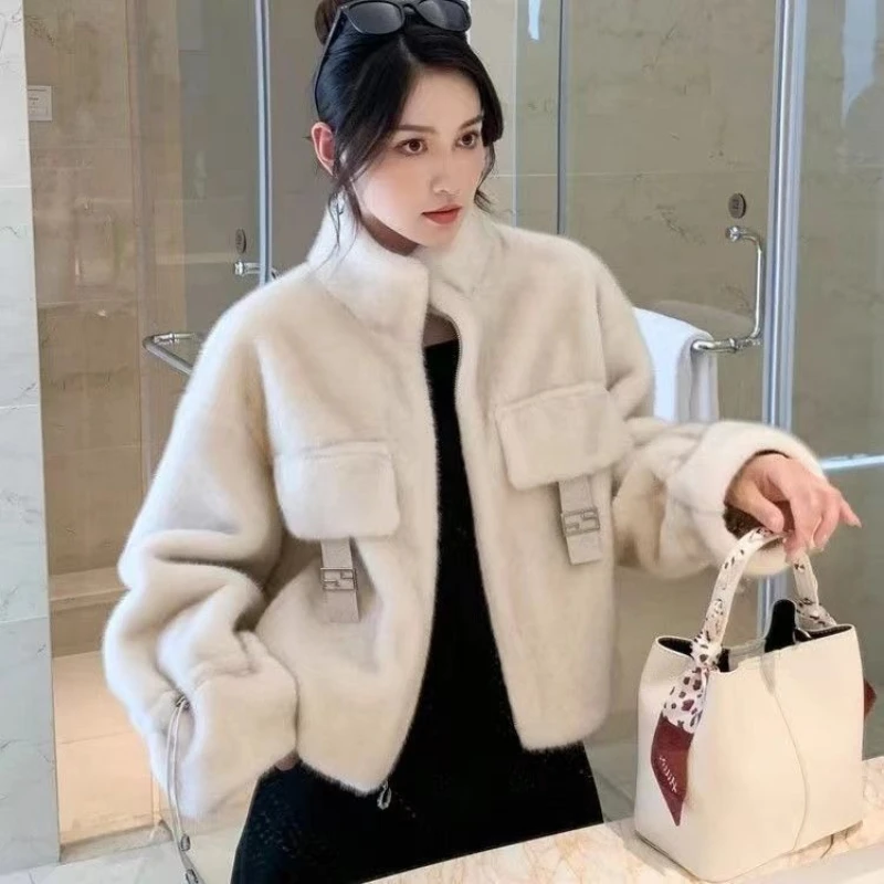 All-match Long Sleeved Mink Fur Coat Solid Simple Casual Warm And Thick Women Winter Jacket 2025 Autumn New Tide