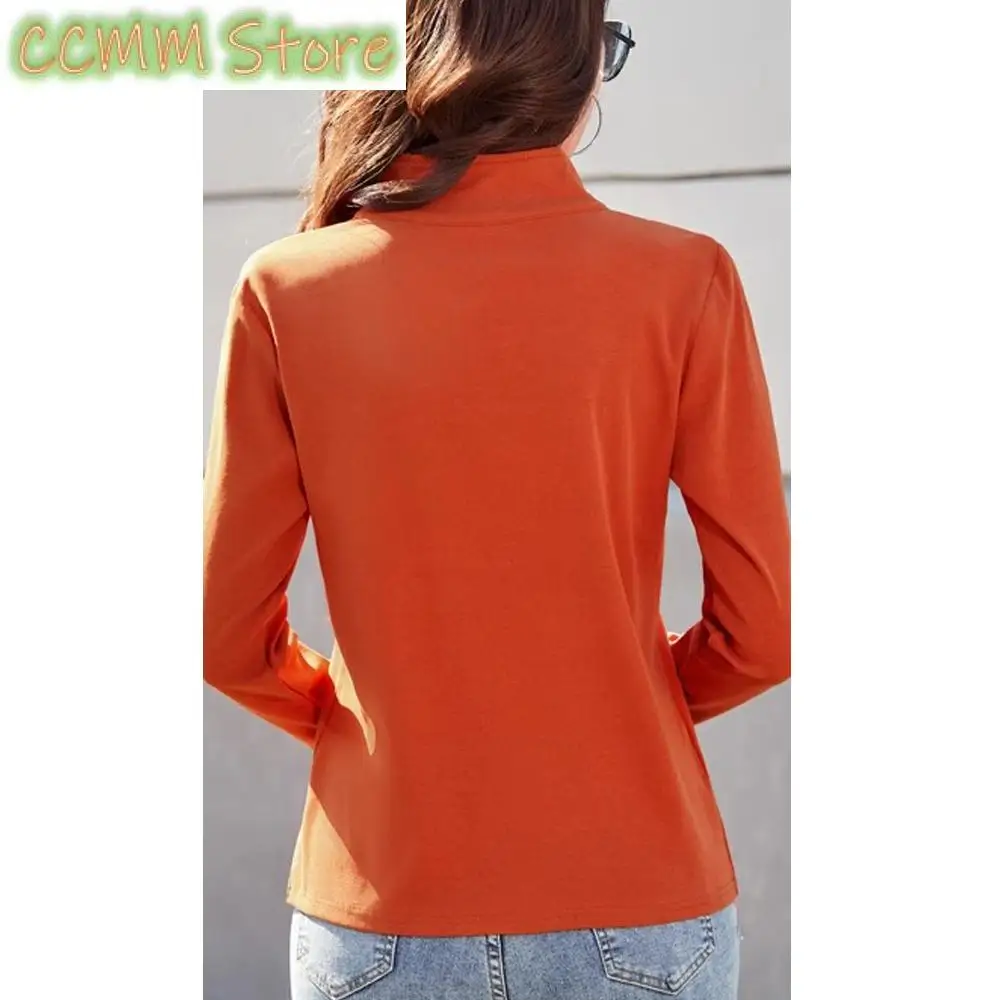 Orange pure cotton long sleeved t-shirt for women's spring and autumn new style zipper fashionable lapel casual sports top
