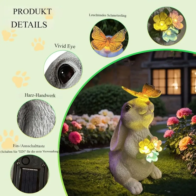 Figura de conejo de resina con energía solar y luz LED cálida, ecológica, impermeable, resistente a la intemperie, estatua de animal con iluminación nocturna automática, adorno para jardín, césped, patio, terraza, decoración de paisaje al aire libre, regalo