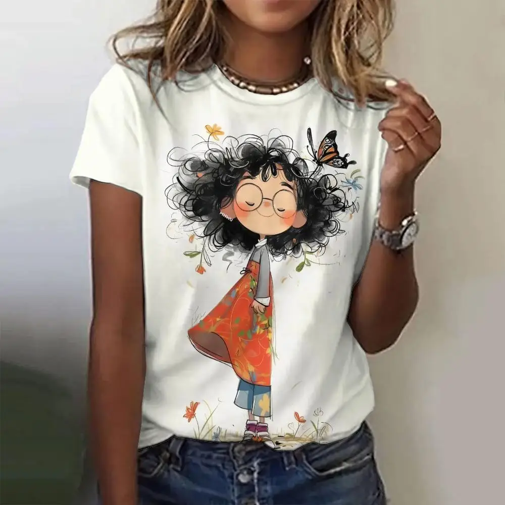 Women's T-Shirt Top Short Pullover Sleeved Fashion Little Girl Print Street Round-Neck Tee Shirt Female Everyday Clothing Summer