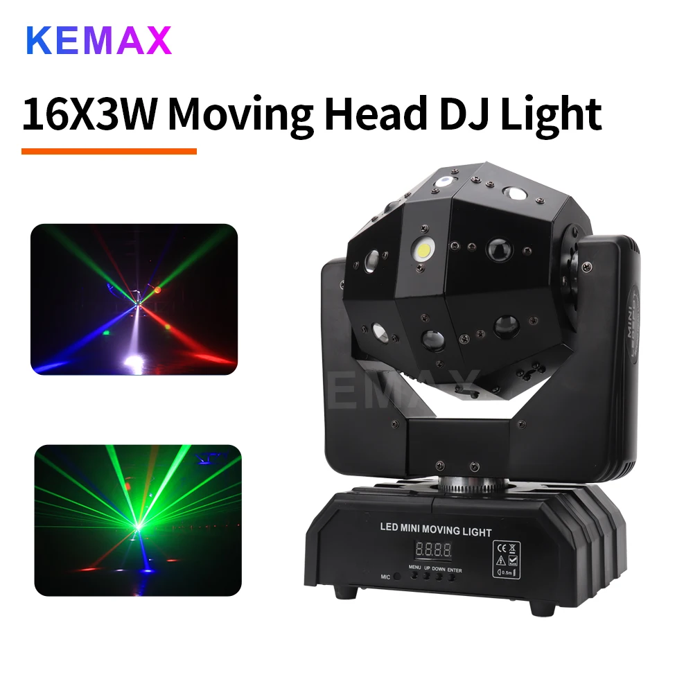 16X3W Moving Head DJ Light DMX Disco Football Lights RGBW Rotating Beam Strobe Stage Party Light for Club Bar Christmas Concert