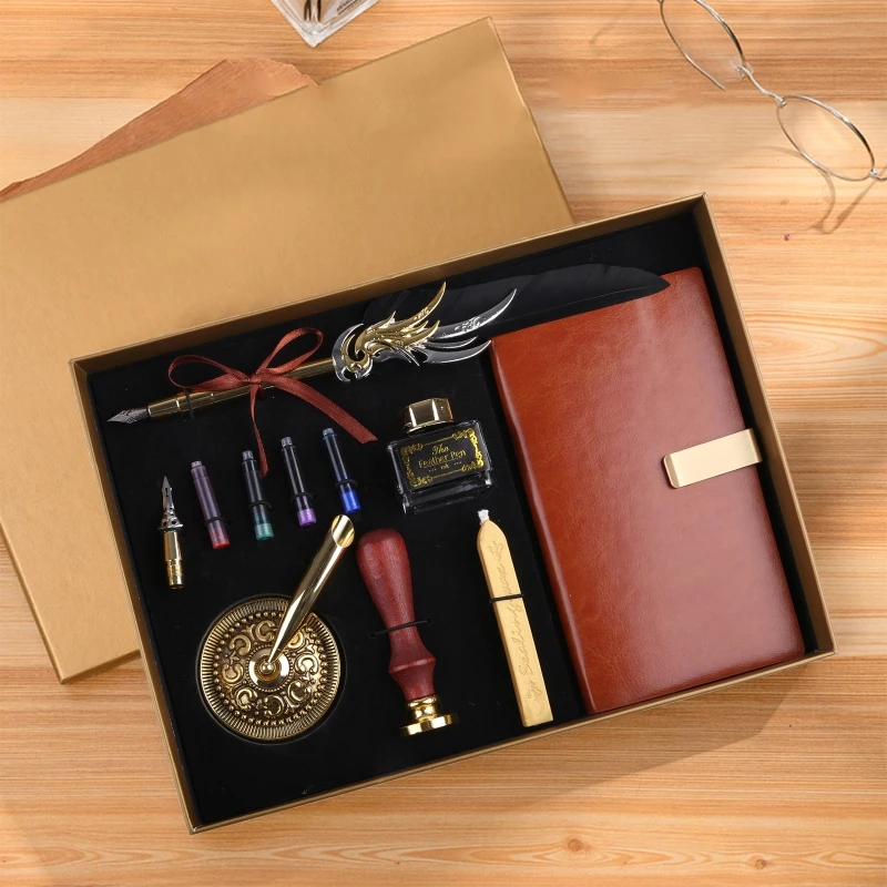 

Retro Vintage Fountain Pen Writing Leather Notebook Set Stationery Gift Box