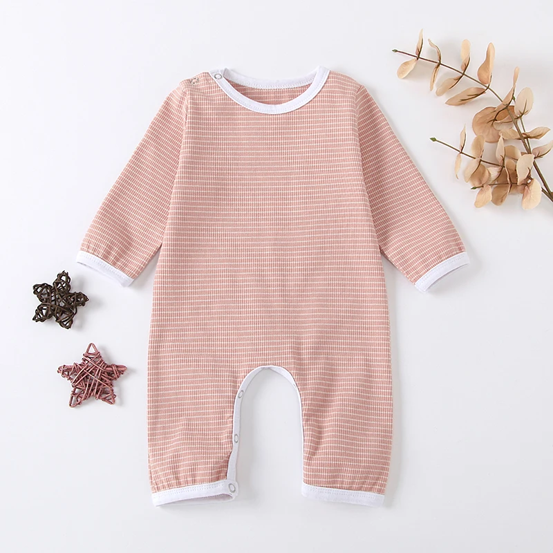 Spring and Autumn Season Boys Girls Pink Casual Gap Pit Stripe Long Crawl Suit