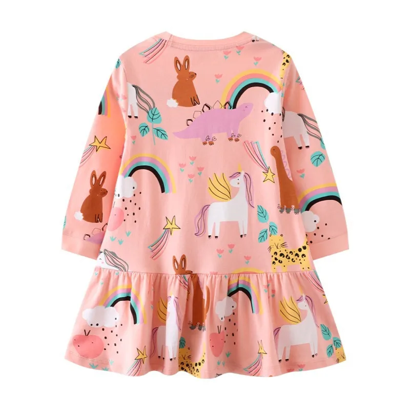 Jumping Meters New Arrival Dinosaurs Print Long Sleeve Birthday Dresses For Kids Girls Clothing Autumn Spring Animals Print Tops