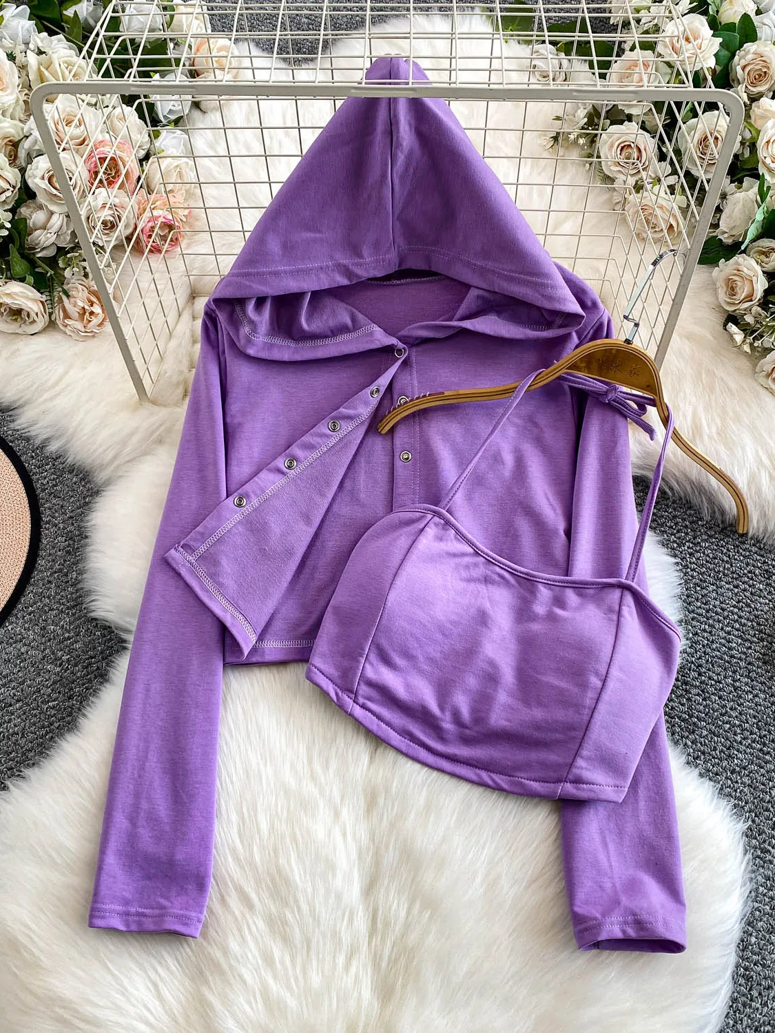 

2025 New Design Short Hooded Jacket Pure Desire Sexy Girl with Chest Pad Halter Neck Strap Set Button Closure Women's Fashion...