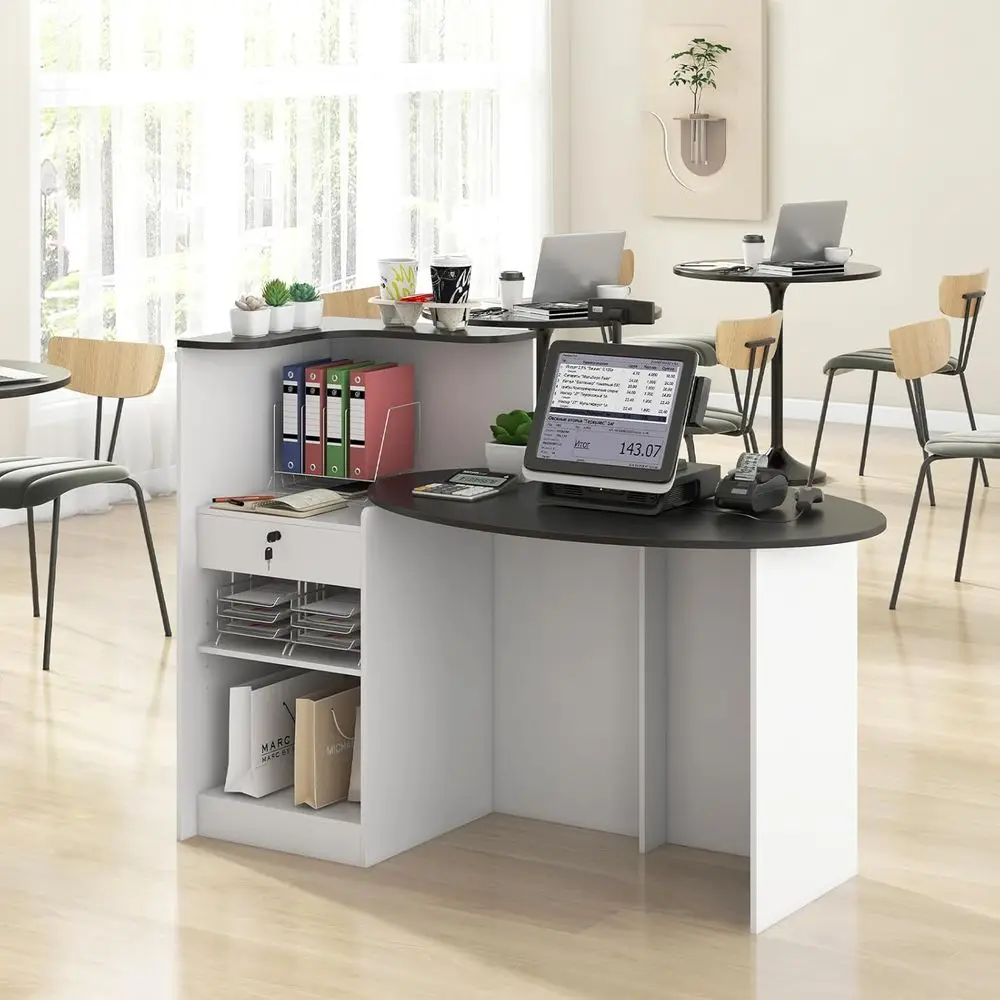Desk with Lockable Drawer & Adjustable Shelf, Front Counter with Oval Tabletop, Retail Register Stand, Office Computer Desk or H