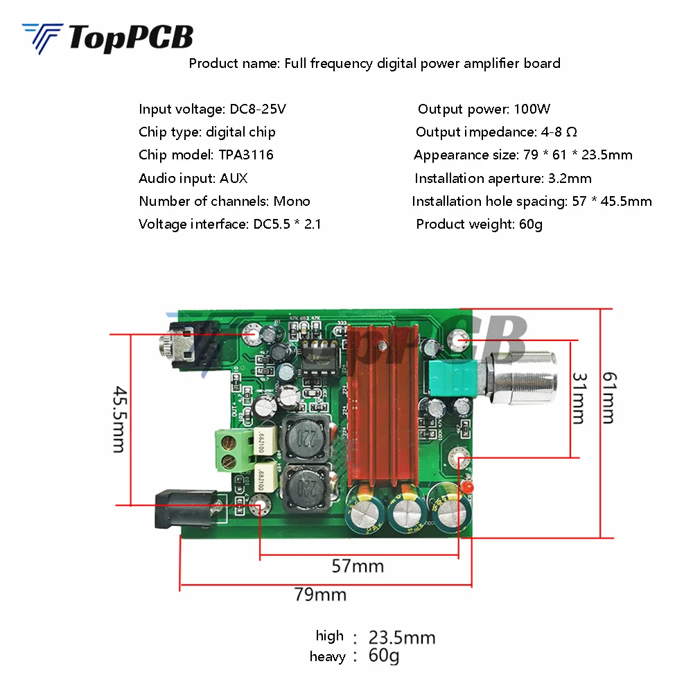 TPA3116D2 Subwoofer Digital Power Amplifier Board TPA3116 Amplifiers 100W Audio Module NE5532 amplifier board size: 75X60MM