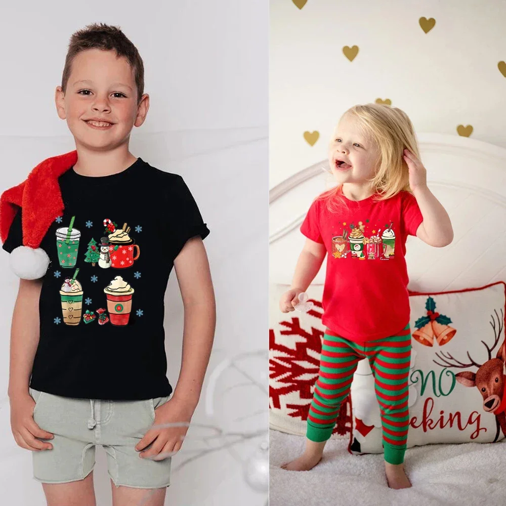 Merry Christmas Children's Christmas Coffee Print Children's T-shirt Boys and Girls Short-sleeved Crew-neck Base Shirt TOPS