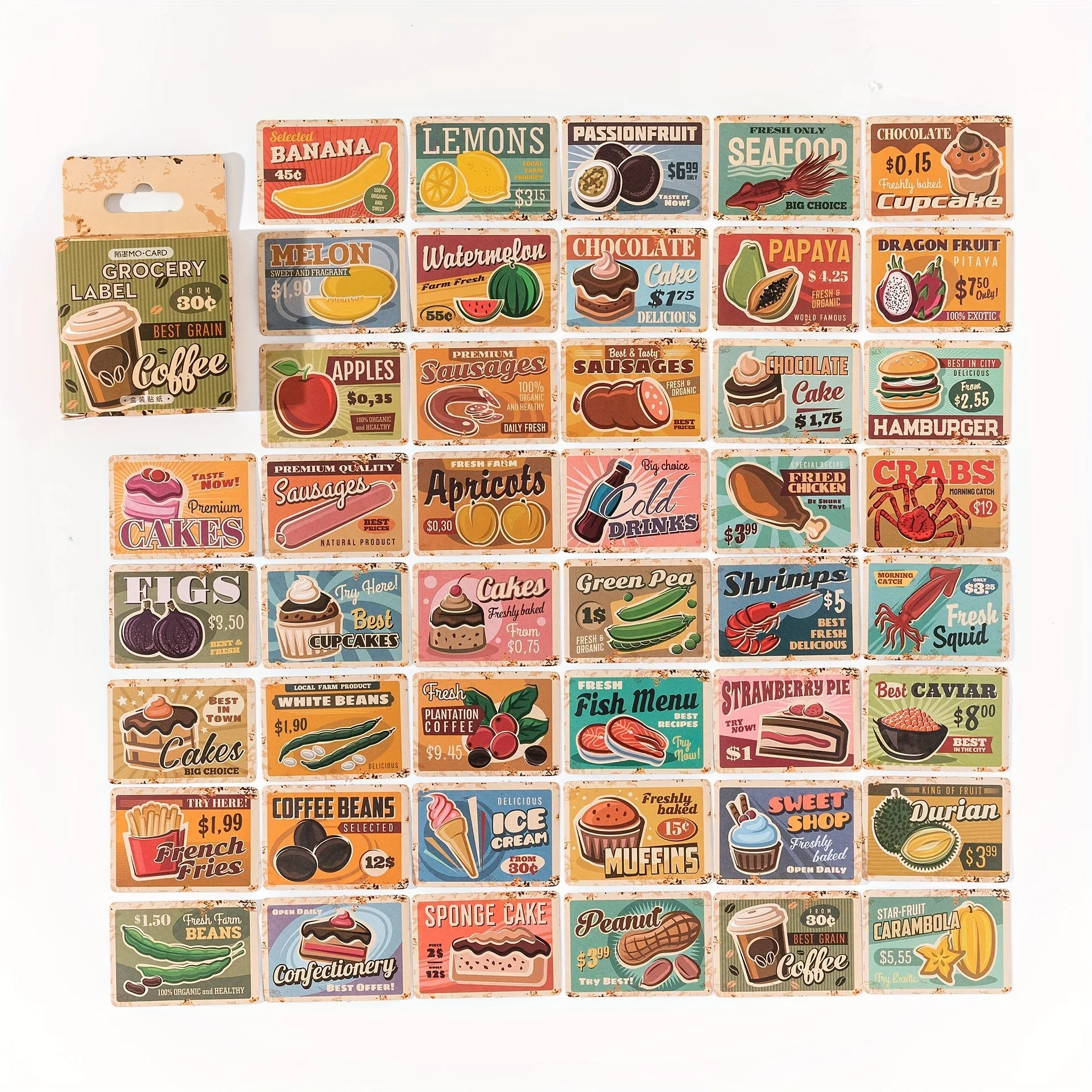 45pcs/Box Paper Stickers Vintage Label Food Coffee Fruit Cake Drinks Decorative Stickers for Collage Scrapbooking DIY Journaling