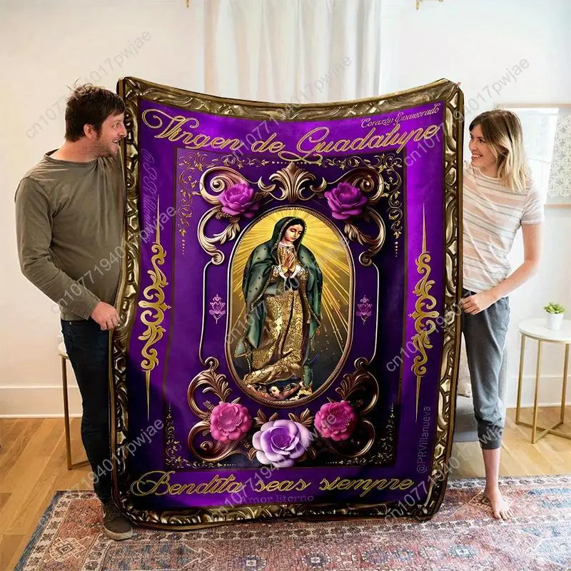 Bohemian Style Virgin Mary Print Blanket - Soft Warm Flannel Suitable for All Seasons - Perfect Gift for Family Custom blankets