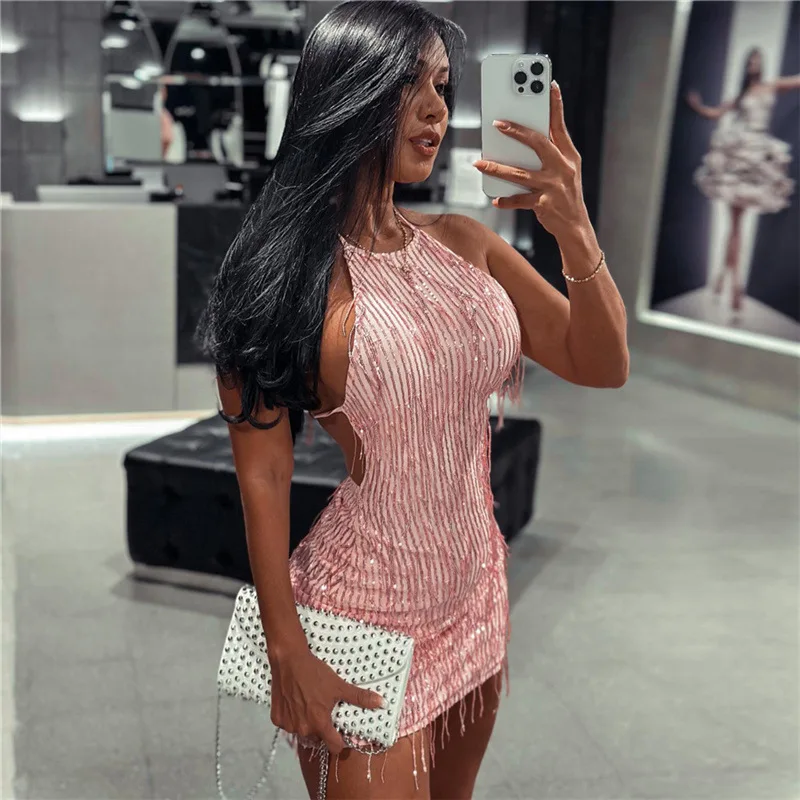 

Fashionable Neck Hanging Sexy Backless Sequined Fringe Dress