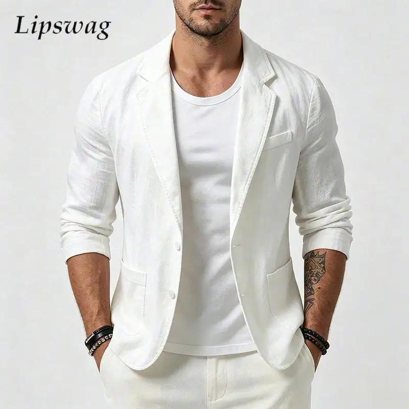 Fall Casual Turn-down Linen Mens Cardigan Vintage Solid Color Buttoned Slim Outerwear Fashionable Long Sleeve Men Jackets