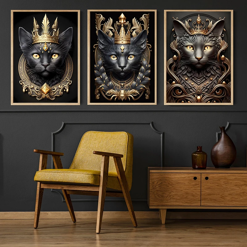 Retro Animal Abstract Advanced Black Aristocrat Kitten Gold Crown Frame Poster Canvas Painting Wall Art Pictures Home Decor