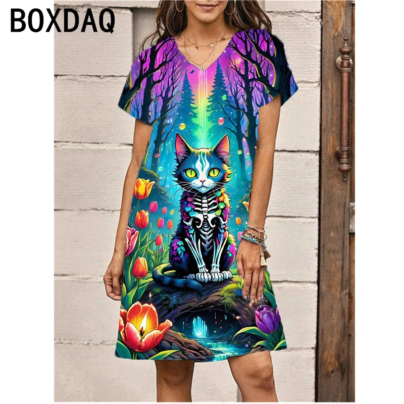 

2024 New 3D Skull Cat Print Dress Summer Women Short Sleeve V-Neck Knee-length Dress PersonalityA-Line Dress Vestidos