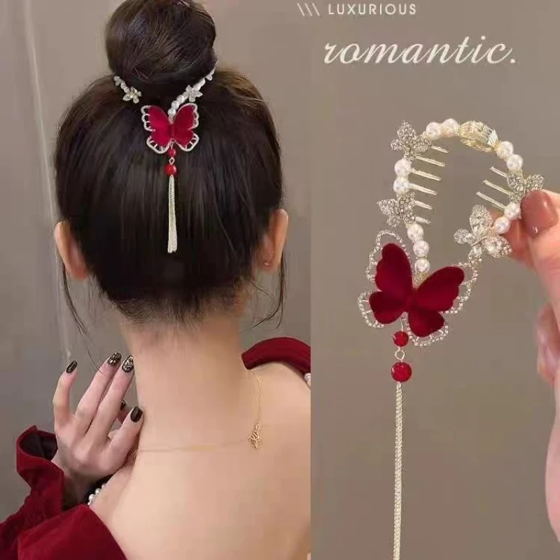 

Ladies Red Butterfly Ponytail Trendy Hair Clip New Headwear Hair Styling Tools for Women Tassel Alloy Headdress Hair Accessories