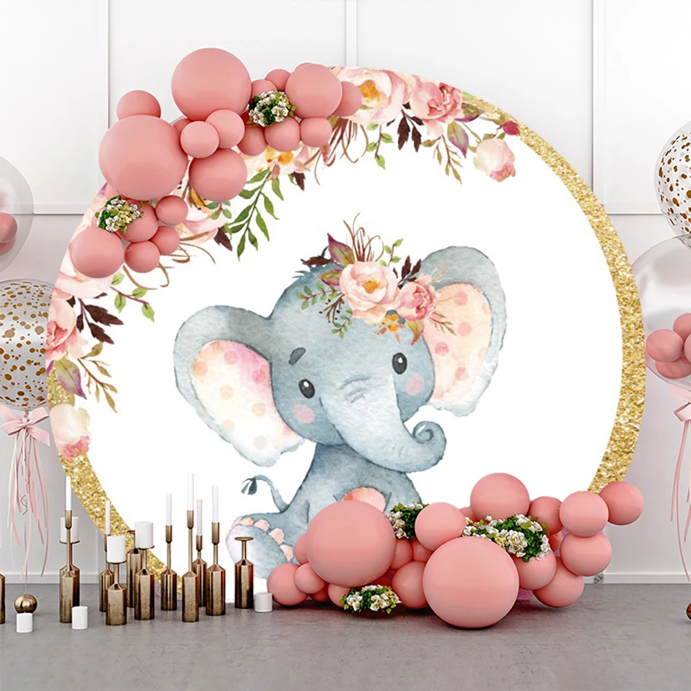 Elephant Baby Shower Round Backdrop Cover Jungle Animals Blue Pink Boy Girl Gender Reveal Birthday Party Decor Circle Background