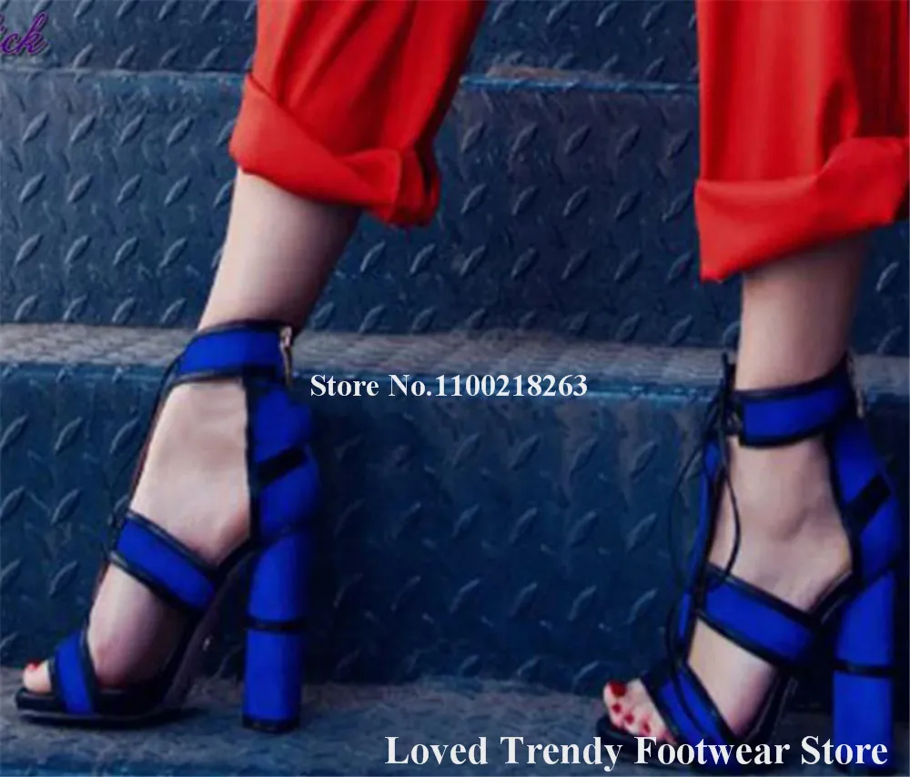 Fashion Mixed-colors Stripes Thick Heel Sandals Emeline Dubois Open Toe T-straps Patchwork Chunky Heel Sandals Dress Heels