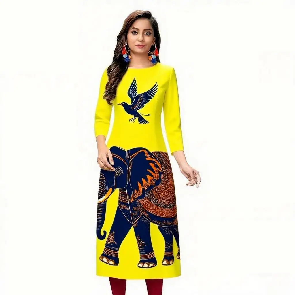 Dress Kurt Women's Fashionable And Elegant Straight Tube Casual Round Neck Color Elephant Pattern Abaya Femme Dubaï