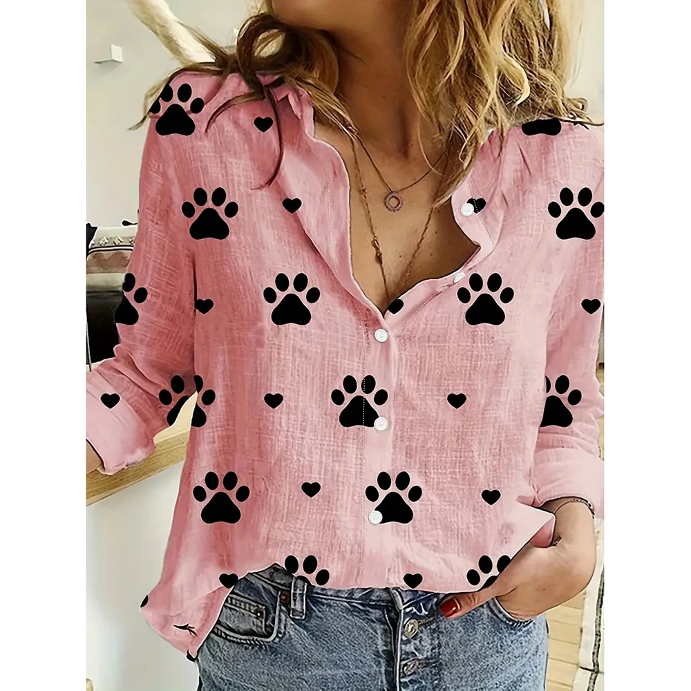 European And American New Fashion Single-Breasted Shirt Mushroom Print Simple Black Basic Top Lapel Long-Sleeved Shirt For Women