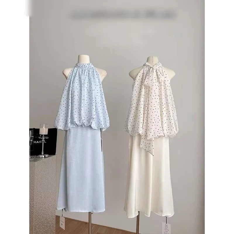 

RAIN YAN LIN Summer New Women Suit Korean Fashion Sleeveless Hanging Neck Polka Dot Flower Bud Top+Half Skirt Casual 2-Piece Set