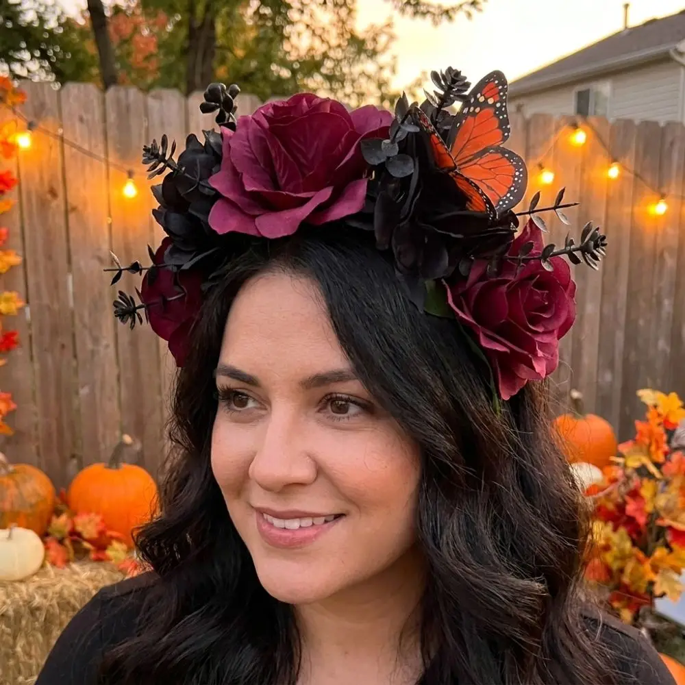 Gothic Halloween Rose Flower Crown with Butterfly Realistic Artificial Flower Headband Vintage Simulated Dark Rose Headpiece