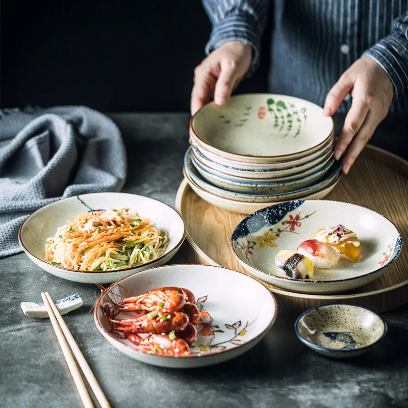 

Japanese Style Underglaze Dish Sushi Dishes Cold Dish Dish Ceramic Plate Household round Fruit Flat Plate