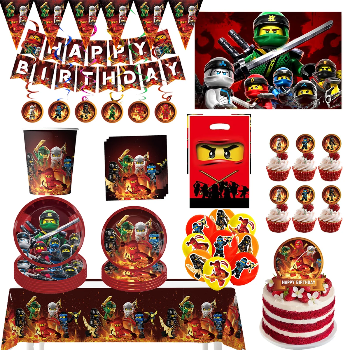 النينجا حفلة عيد ميلاد الديكور أدوات المائدة أكواب المناديل لوحة بالون حفلة لصالح عيد الميلاد لوازم شنطة هدايا راية مفرش المائدة #5