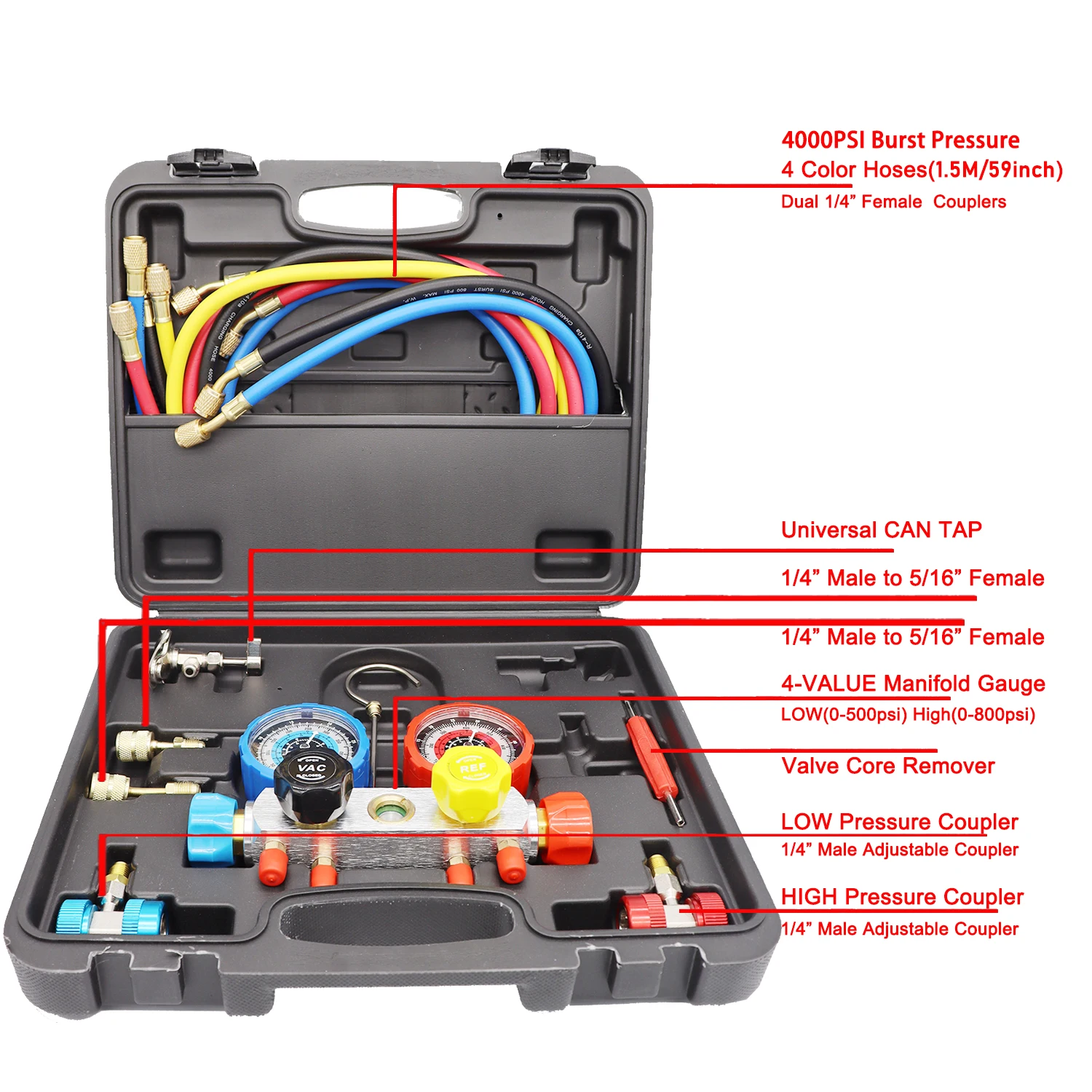 4-drożny wskaźnik kolektora AC R410A R22 R134A HVAC Narzędzie diagnostyczne do ładowania Szybki adapter z zestawem węży + futerał do przenoszenia do