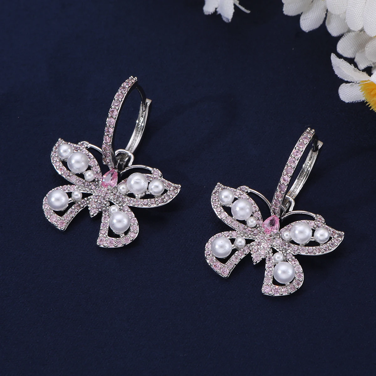 Pink CZ Butterfly Pearl Leverback Drop Earrings, Hollow Wing Pearl Accent Crystal Dangle Statement Earrings For Bridal