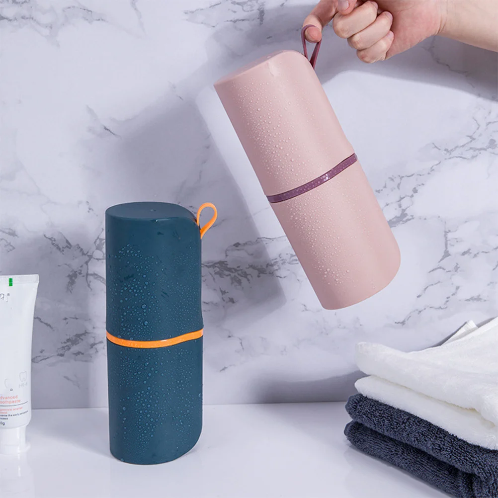 حقيبة تخزين فرشاة الأسنان المحمولة للسفر لفرشاة معجون الأسنان، كوب غسيل مدمج، بار المطبخ باللون الأزرق الداكن