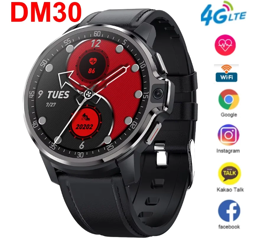 DM30 Dual System 4G LTE Smartwatch 4GB RAM 64GB ROM 1.6'' IPS Screen 5MP Camera GPS WIFI Face Recognition Man's Smart Watch