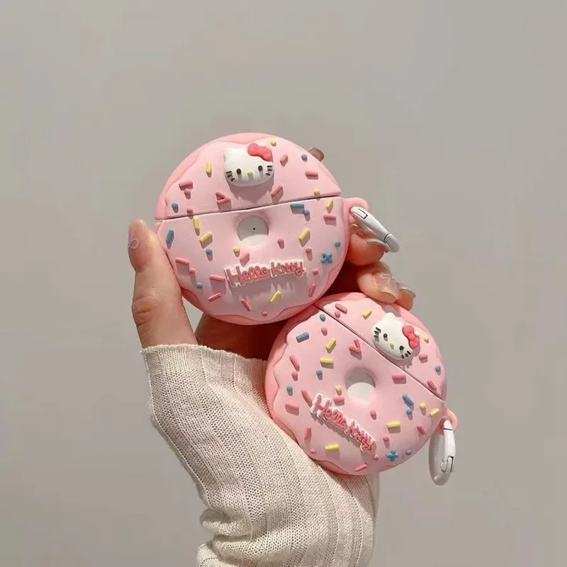 Cute Pink Hello KT Cat Donut Headphone Protective Case for AirPods 4 3 2 1 Pro Pro2 Silicone Anti Drop Sleeve