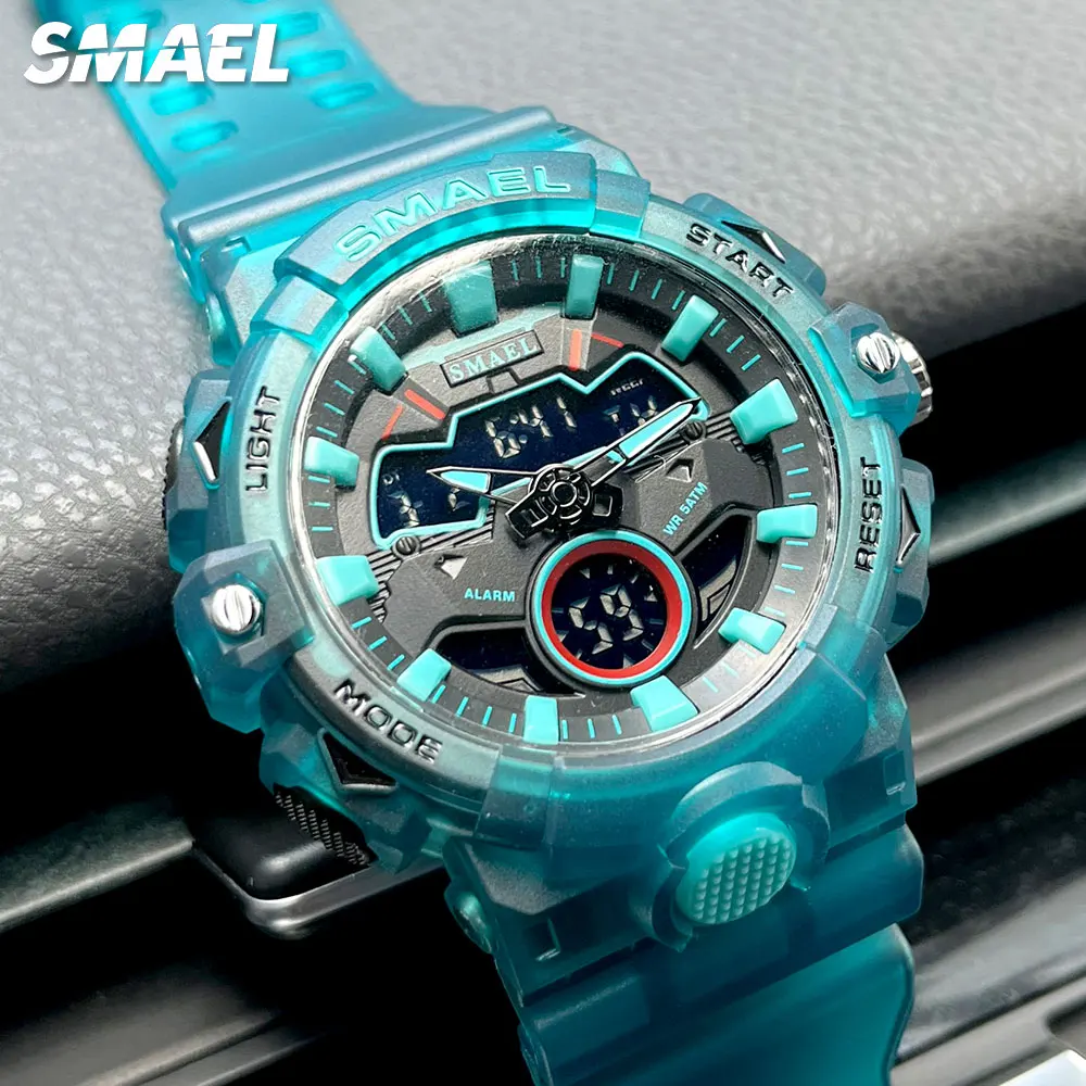 SMAEL Digital Watch for Men Double Mode Display Quartz Chronograph Wristwatch with Auto Date Week Date Clear Blue Silicone Strap