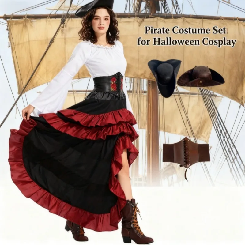 

4pcs Renaissance Pirate Costume Set, Women's Renaissance Corset & Shirt with Pirate Hat & Belt for Halloween & Renaissance Fair