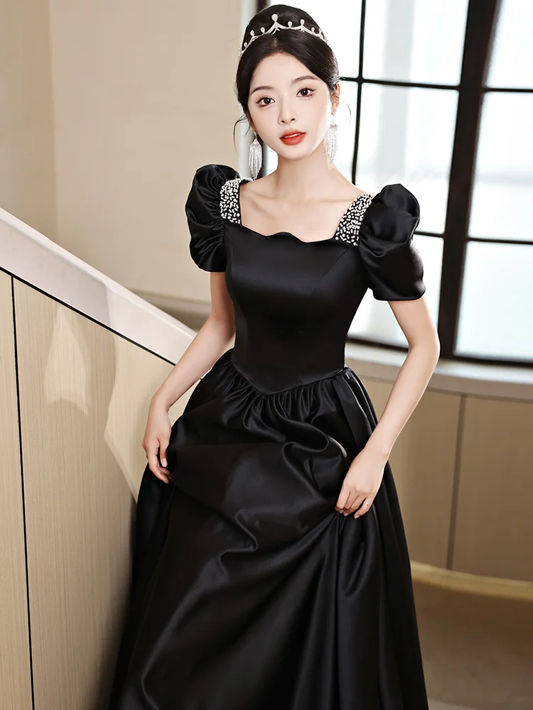 

Ele Bla Satin Evening Dr for Adults Vocal Art Exam Host Gown Korean Sle Bowed Bubble Sve Long Evening Gown