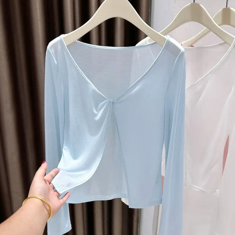 Women's Summer Long Sleeve V-Neck Sun Protection Shirt Breathable Top with Strap Dress Outerwear Transparent Cover up T-Shirt