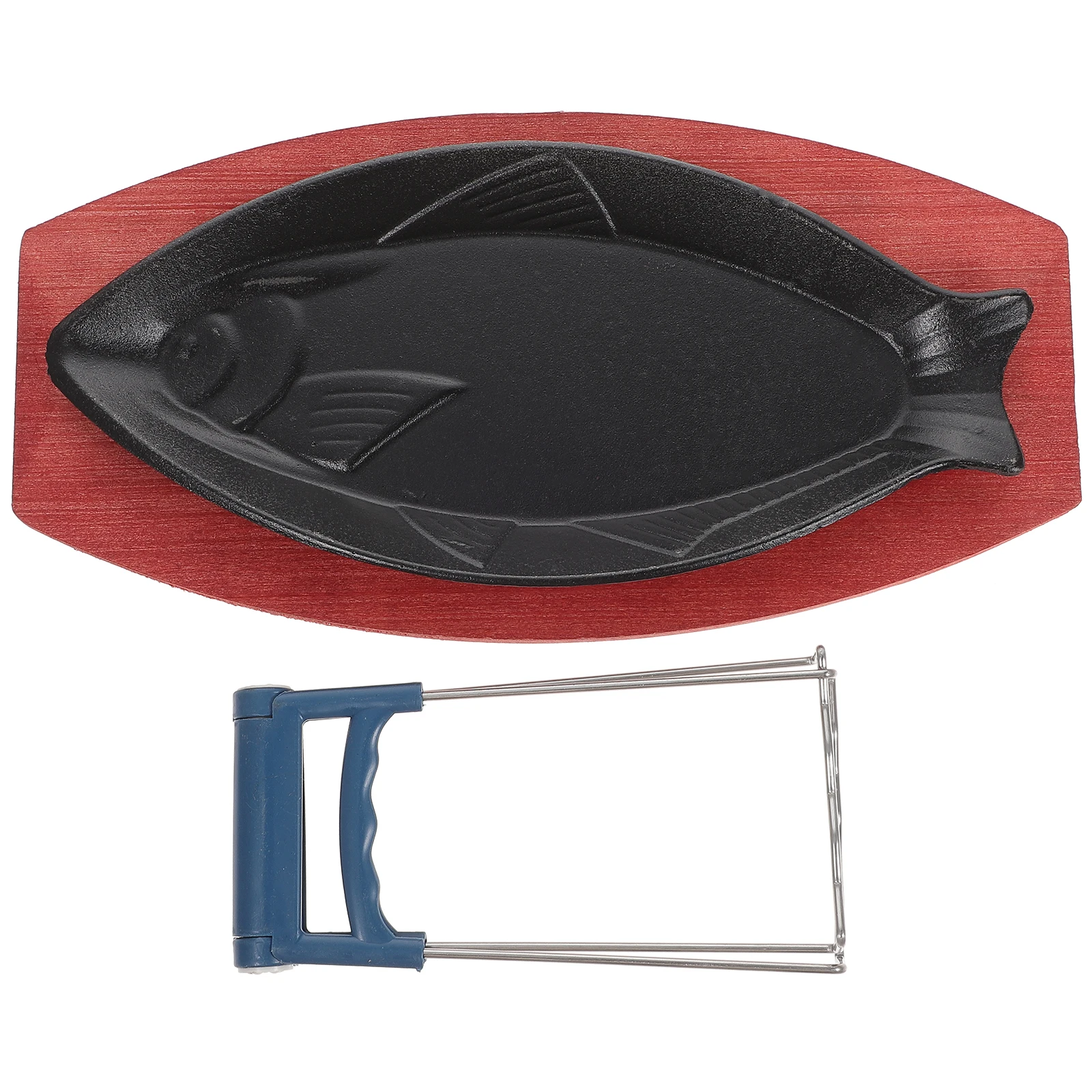 

1 set Fish-Shaped Wooden Tray Non-stick Pan Cast Iron Baking Grilling BBQ Holder Sturdy Practical Fry Steak Plate