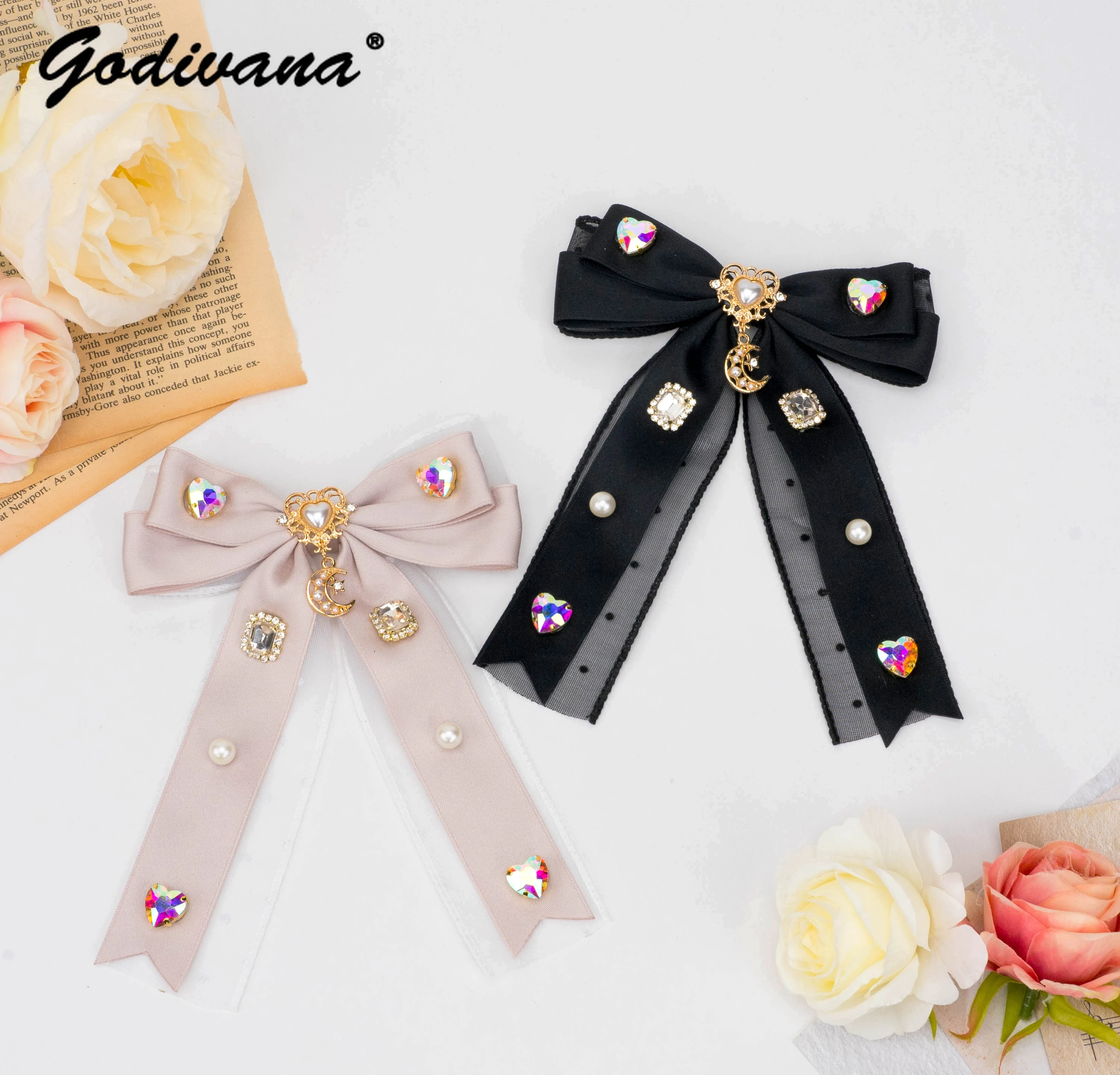 Japanese Mine Mass-Produced Sweet Double-Layer Inlaid Rhinestone Bow Barrettes Gadget Cute Edge Clip Hair Pin Accessories