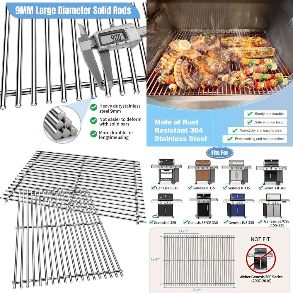 

Cooking Grates 9mm SUS304 2-Pack for Genesis II Grill Parts, Compatible with LX300 Series E&S 310-340