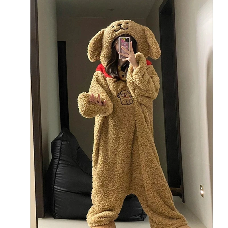 Winter Cartoon Brauner Hund Kapuzen Strampler Pyjamas Kigurumi Unicron Niedlich Langarm Reißverschluss Plüsch Neuheit Onesie Nachtwäsche Slipper – Detail 2