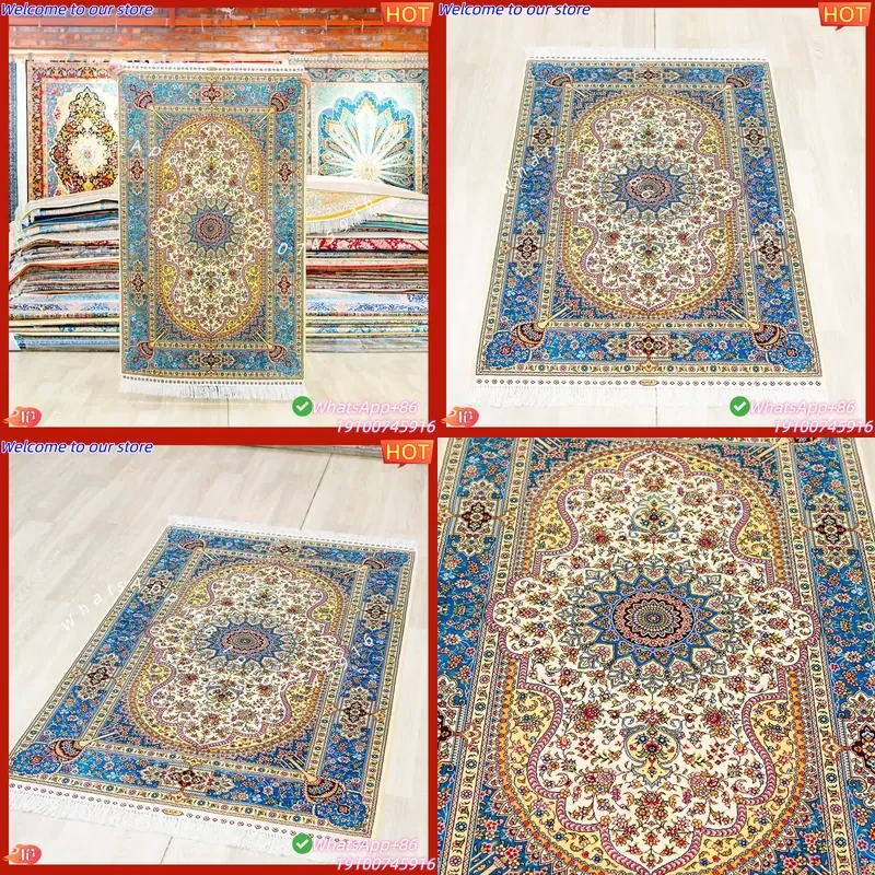 CECertificate YILONG 91x152cm Blue Handcraft Silk Carpet Sitting Room Hand Knotted Small Size Vintage Oriental Rug