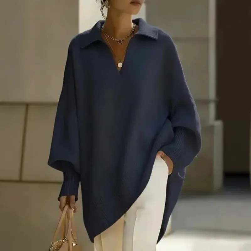Women's Knitted Sweater Polo Collar Vintage Pullover Soft Warm Casual Long Oversize Sweaters Spring Autumn Elegant Clothes